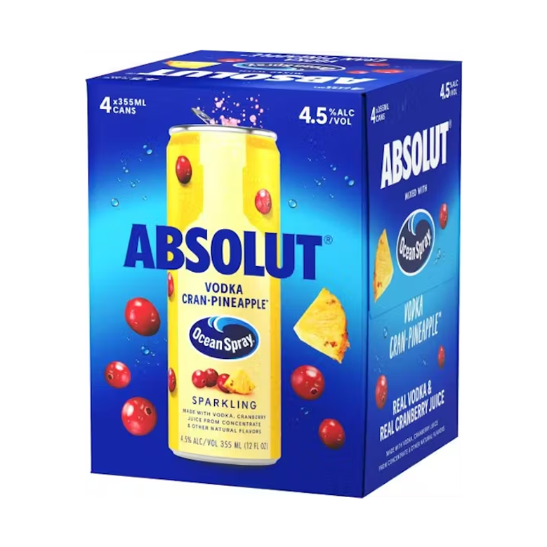 Absolut / Ocean Spray Sparkling Vodka Cran-Pineapple (4x355ml) – Greatbooze